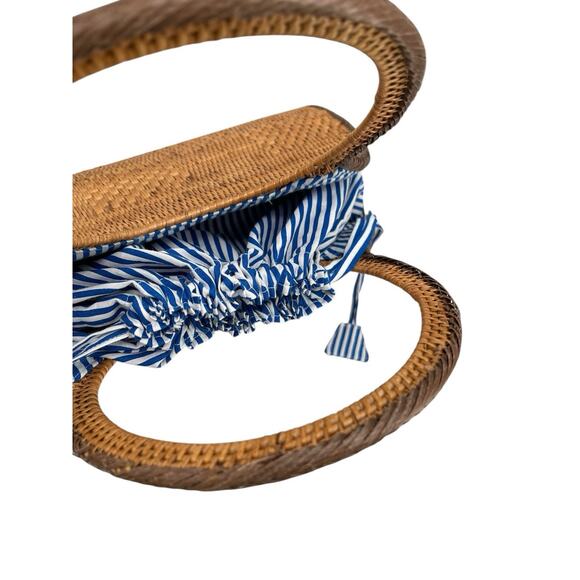 Anthropologie Veld Raffia Handbag Purse Tote Bag Blue White Lining - Picture 7 of 10